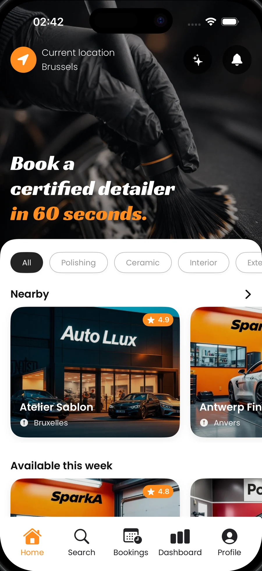 Nios Detailing marketplace home screen