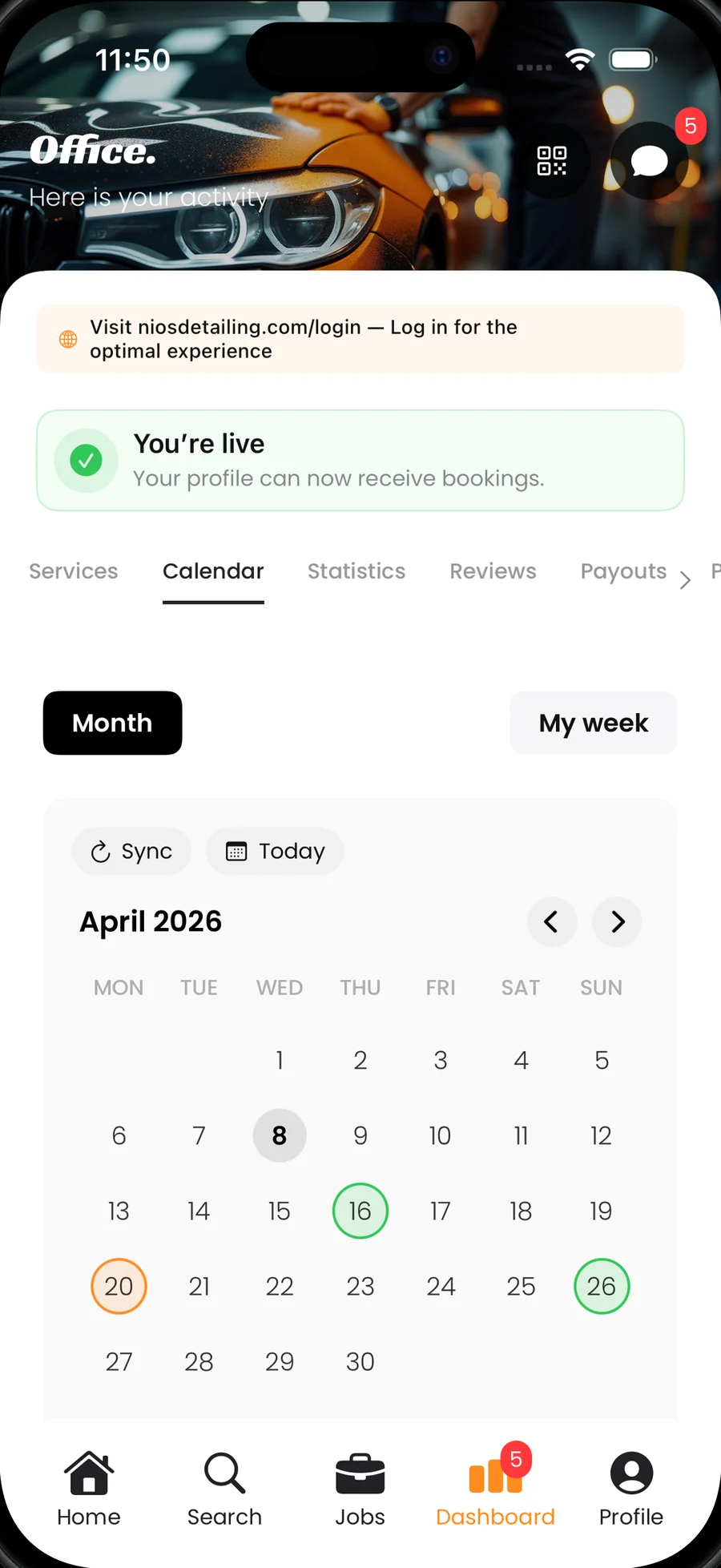 Detailer dashboard: availability calendar
